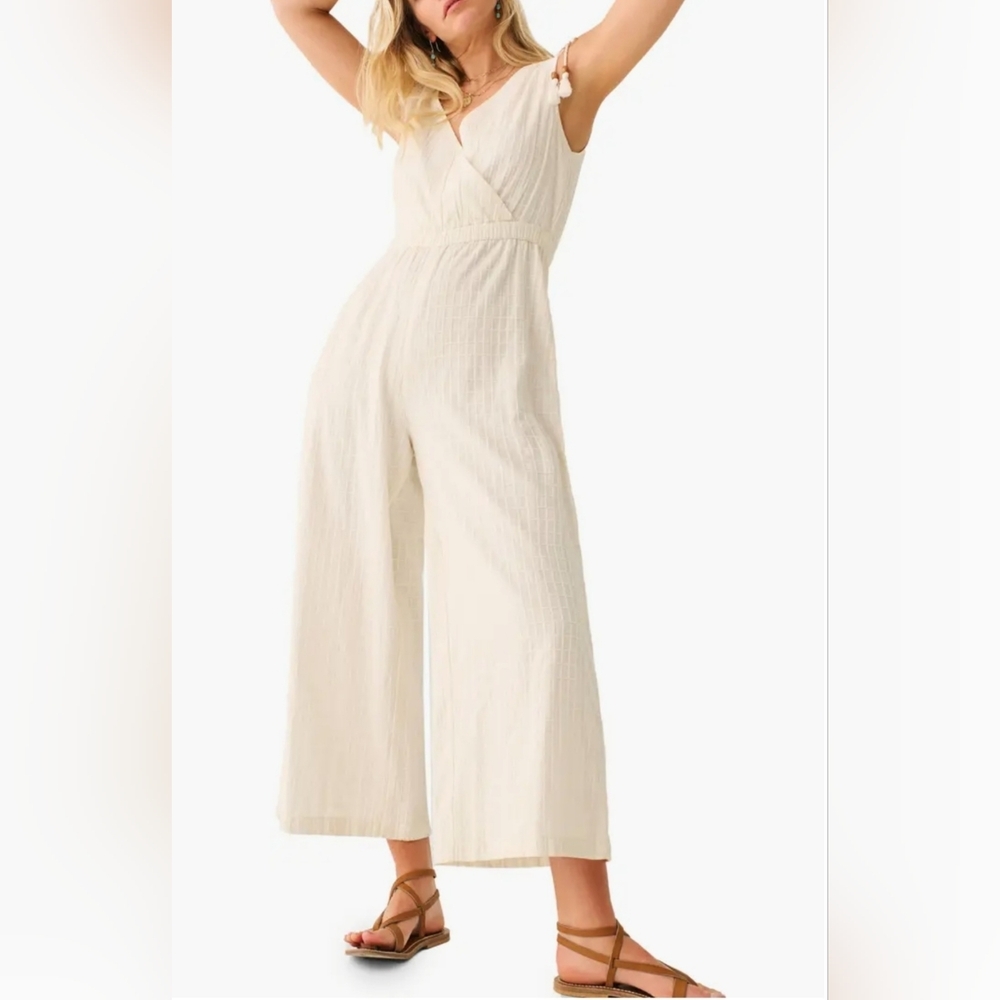 Faherty NWT Women's Rowe Windowpane Jumpsuit In Egret Size S 100% Organic Cotton